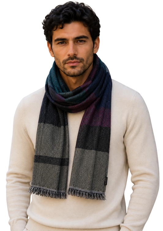 Unisex Multicolor Block Merino Wool Scarf – Olive Green, Teal & Burgundy Lightweight Winter Wrap