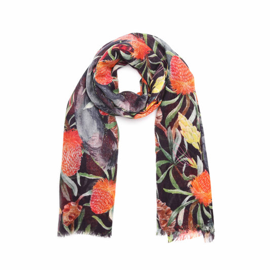 Black Cockatoo Banksia Scarf – Cotton Modal | Australian Native Bird & Wildflower Print