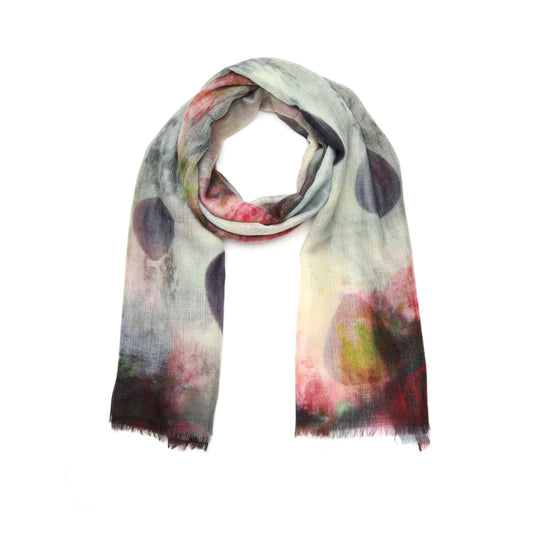Autumn Sky Balloons Scarf – Merino Wool Silk Wrap | Abstract Hot Air Balloons in Sunset Clouds