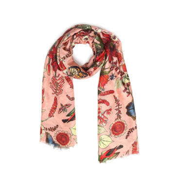 Tropical Garden Scarf – Merino Wool Silk Blend | Red Botanical & Exotic Bird Australian Coastal Print on Peach