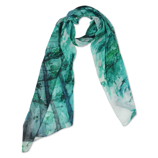 Evergreen Forest Abstract Scarf – Cotton Voile Designer Wrap | Nature Landscape Print