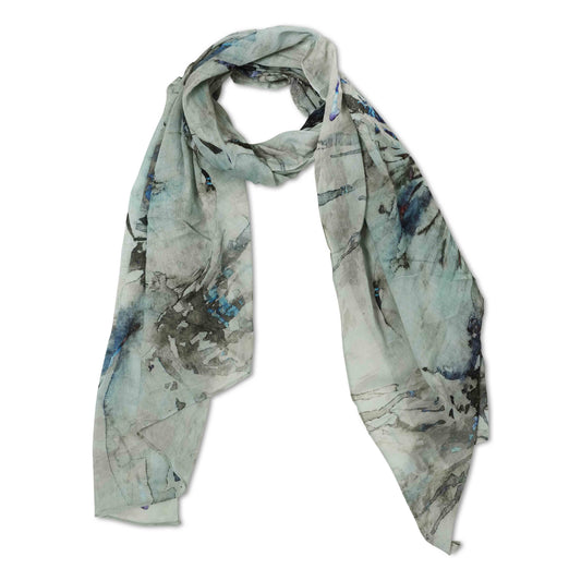 Midnight Bloom Floral Scarf – Cotton Voile Designer Wrap | Abstract Blue Flower Print