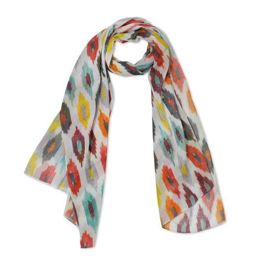 Tribal Harmony Abstract Scarf – Cotton Voile Designer Wrap | Multicolor Ikat Geometric Print