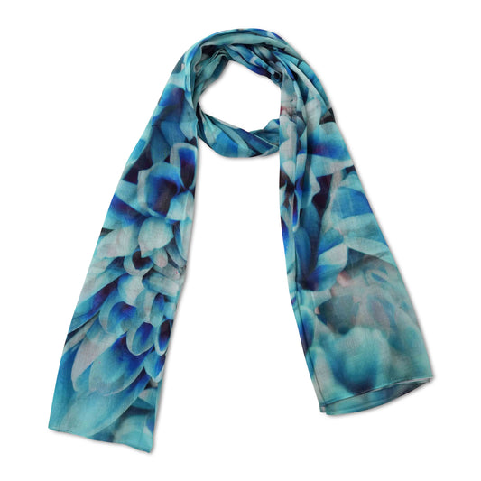 Azure Chrysanthemum Floral Scarf – Cotton Voile Designer Wrap | Blue Botanical Bloom Print