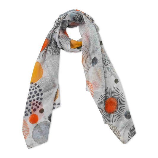Solar Geometry Scarf – Cotton Voile Wrap | Abstract Circle & Dot Print