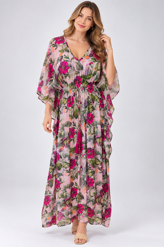 Aqua Paradise Viscose Crepe Maxi Kaftan with Elastic Waist