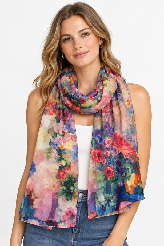 Vibrant Vase Floral Scarf – Pure Silk Designer Wrap | Artistic Bouquet Print