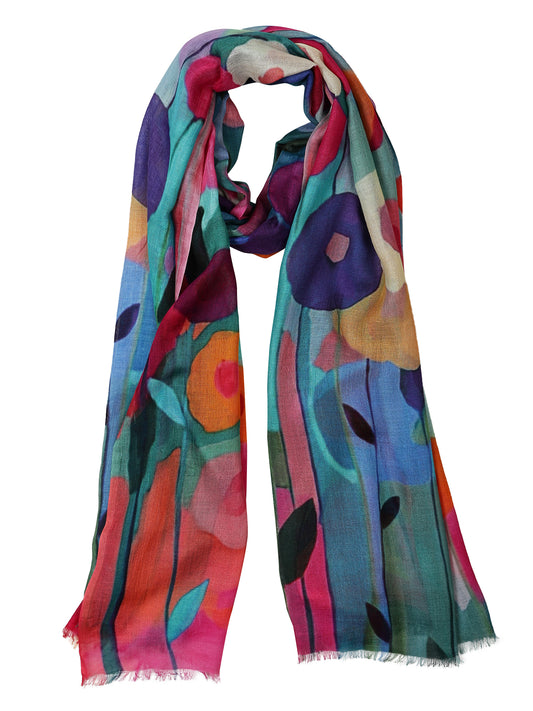 Vibrant Poppy Garden Symphony Scarf – Fine Merino Wool | Bold Abstract Floral Wrap with Teal and Fuchsia Accents