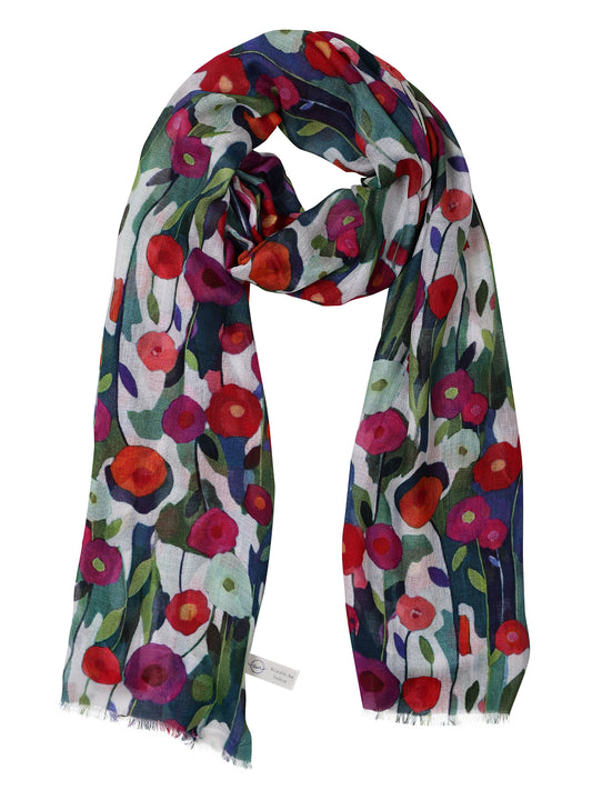 Wild Poppies Meadow Bloom Scarf – Fine Merino Wool | Colorful Abstract Floral Wrap with Teal Blue and Crimson Accents