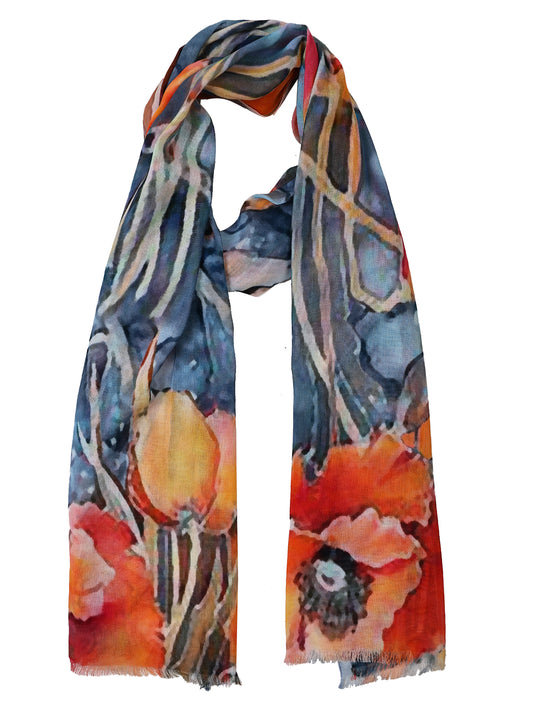 Amber Poppy Modal Silk Scarf – Abstract Floral Stripe Print