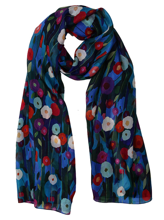 Azure Poppies Garden Bloom Scarf – Pure Silk | Artistic Floral Wrap with Bold Multicolor Blooms on Deep Blue Base
