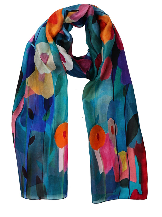 Vibrant Poppy Garden Symphony Scarf – Pure Silk | Bold Abstract Floral Wrap with Teal and Fuchsia Accents