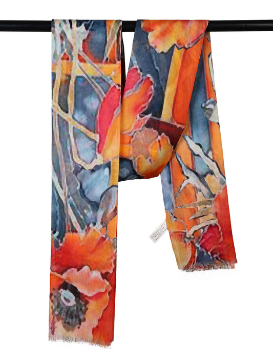 Amber Poppy Modal Silk Scarf – Abstract Floral Stripe Print