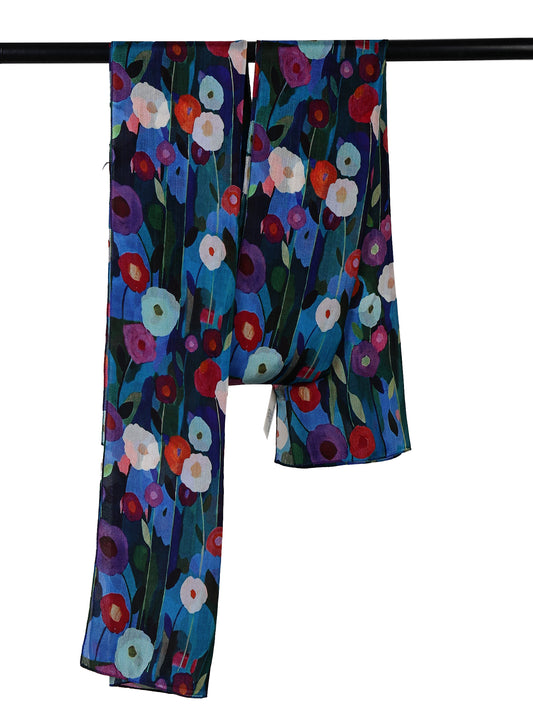 Azure Poppies Garden Bloom Scarf – Pure Silk | Artistic Floral Wrap with Bold Multicolor Blooms on Deep Blue Base