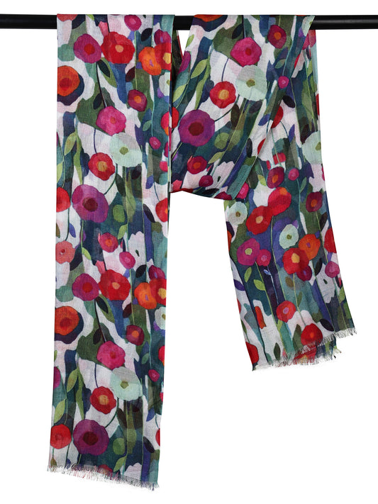 Wild Poppies Meadow Bloom Scarf – Merino Wool Silk | Colorful Abstract Floral Wrap with Teal Blue and Crimson Accents