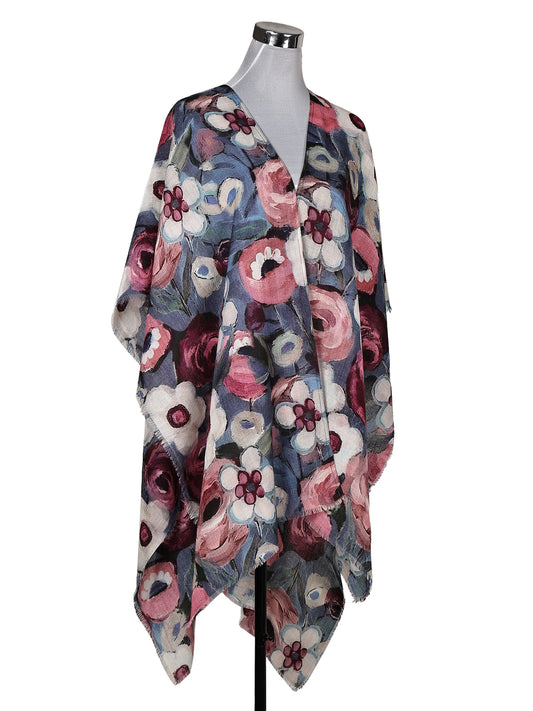 Merino Wool Vintage Rose Garden Travel Cape – Dusty Blue Multicolor Floral Print