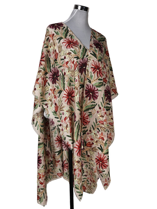 Merino Wool Vintage Botanical Floral Travel Cape – Ivory Multicolor Garden Print