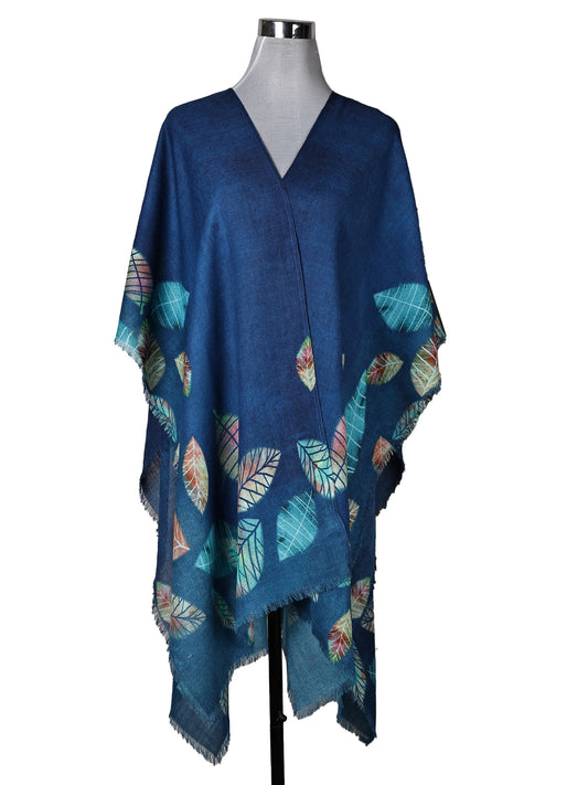 Navy Leaves Merino Wool Travel Cape