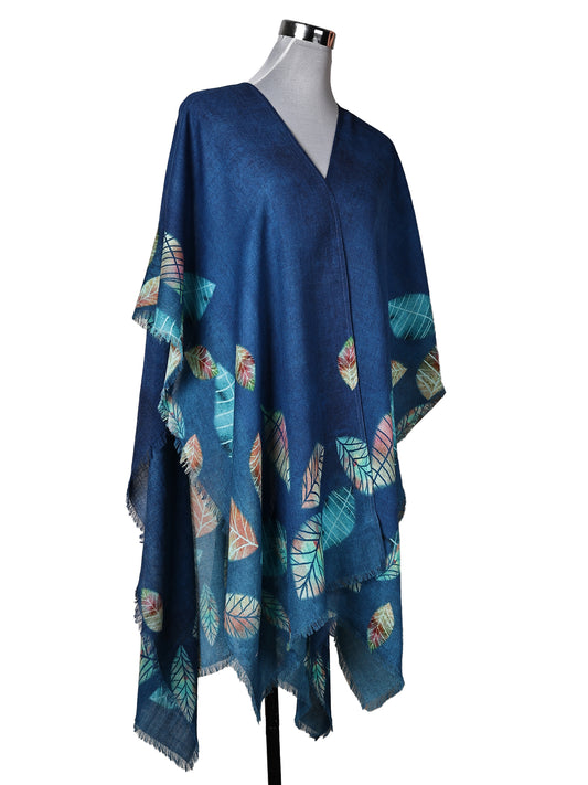 Navy Leaves Merino Wool Travel Cape