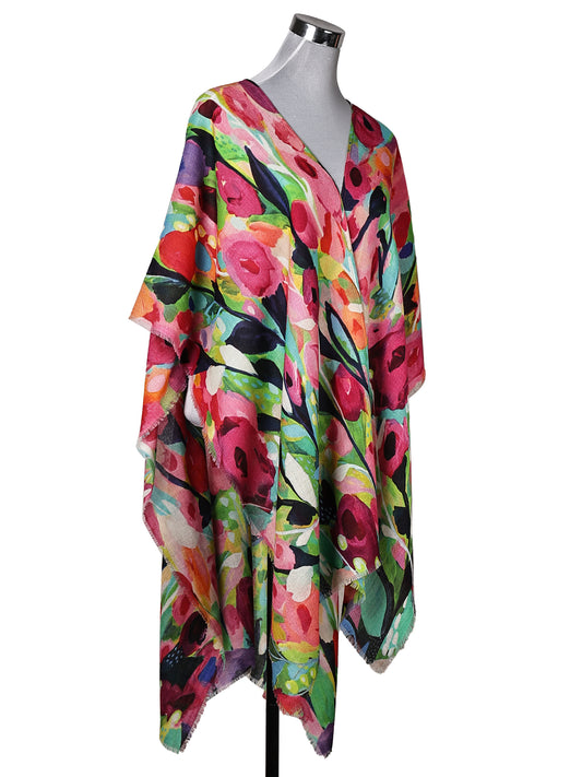 Merino Wool Vibrant Garden Floral Print Cape – Multicolor Artistic Travel Cape