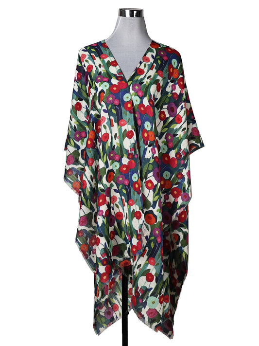 Merino Wool Wildflower Meadow Travel Cape – Multicolor Botanical Garden Print