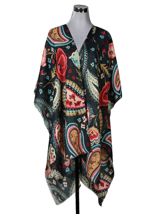 Royal Teal Paisley Merino Wool Travel Cape – Vintage Floral Paisley Designer Cape