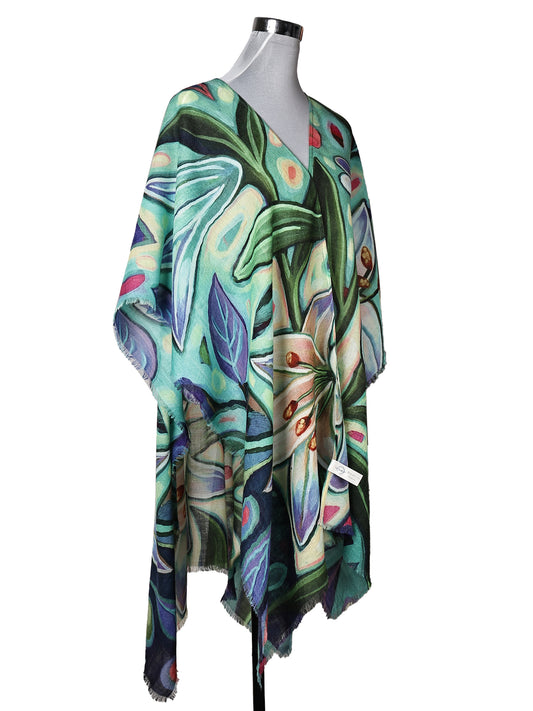 Merino Wool Botanical Lily Print Cape – Teal & Mint Green Artistic Travel Cape