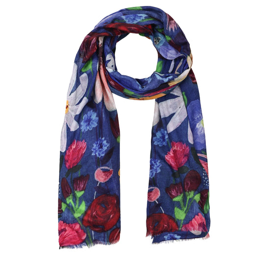 Azure Garden Bloom – Fine Merino Vibrant Floral Scarf