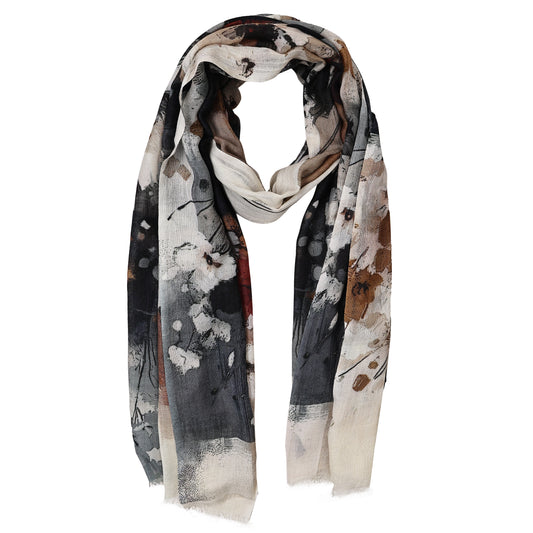 Monochrome Bloom Fusion – Merino Wool Modern Floral Scarf