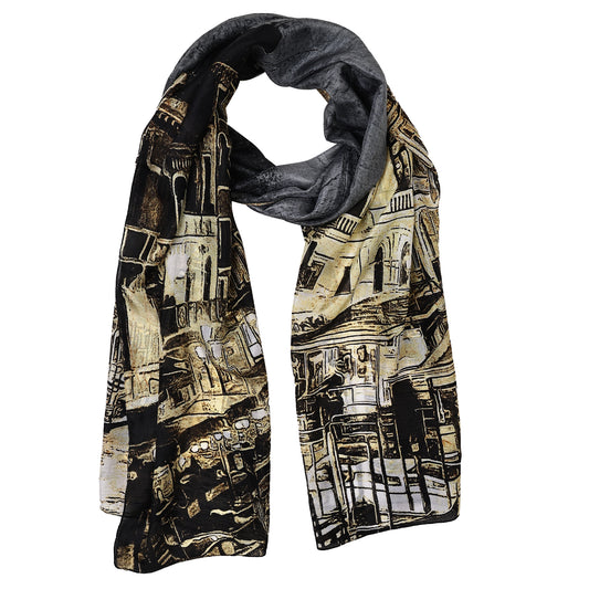 Gilded Nocturne Cityscape – Pure Silk Summer Scarf