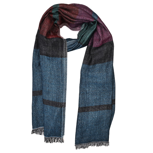 Multicolor Block Merino Wool Scarf – Blue, Burgundy & Green Lightweight Winter Wrap