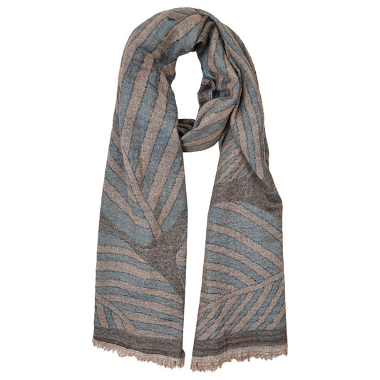 Blue & Beige Textured Merino Wool Scarf – Abstract Stripe Pattern Lightweight Winter Wrap