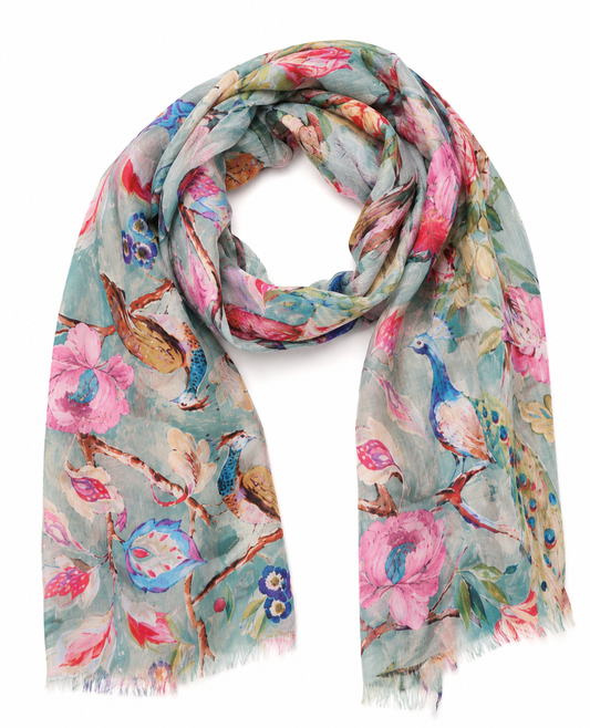 Garden Bird Print Merino Wool Designer Scarf