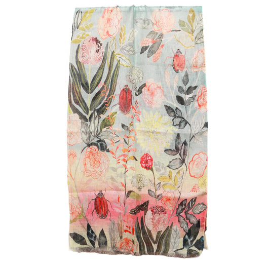 Sunset Garden Scarf – Pure Linen Wrap | Coral Roses & Wild Botanicals on Ombre Sky