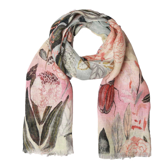 Sunset Garden Scarf – Pure Linen Wrap | Coral Roses & Wild Botanicals on Ombre Sky