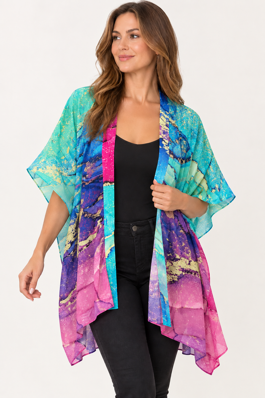 Abstract Aqua & Fuchsia Brushstroke Viscose Crepe Cape Kaftan