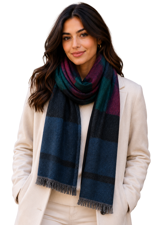 Unisex Multicolor Block Merino Wool Scarf – Blue, Burgundy & Green Lightweight Winter Wrap