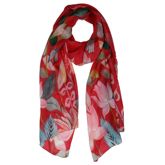 Scarlet Garden Botanical Scarf – Pure Silk Designer Wrap | Floral Vine Print on Red