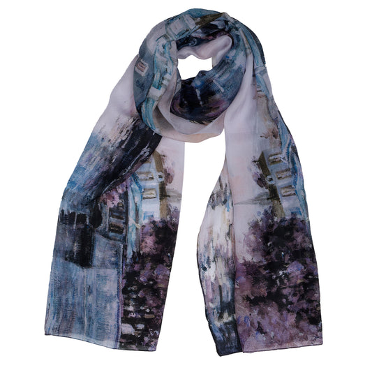 Canal Reflections Architectural Scarf – Pure Silk Designer Wrap | Pastel Cityscape Print
