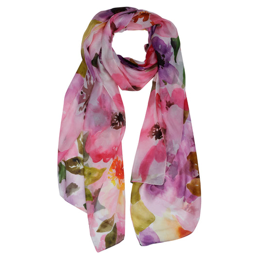 Blossom Watercolor Scarf –Pure Silk Wrap | Hand-Painted Floral Print