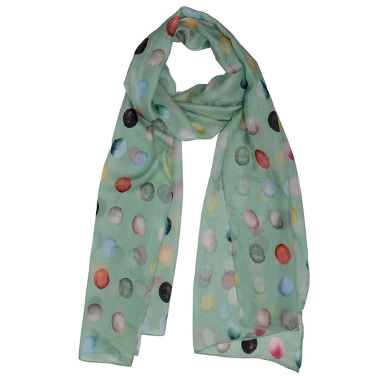 Midnight Polka Charm Scarf – Pure Silk Wrap | Multicolor Dot Print on Mint Green