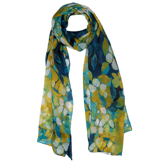 Golden Bloom Scarf – Pure Silk Wrap | Yellow & Teal Floral Print