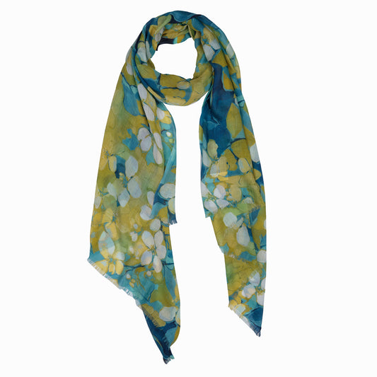 Golden Bloom Scarf – Modal Silk Wrap | Yellow & Teal Floral Print