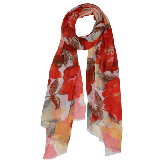 Crimson Bloom Floral Scarf – Modal Silk Designer Wrap | Red & Beige Botanical Print