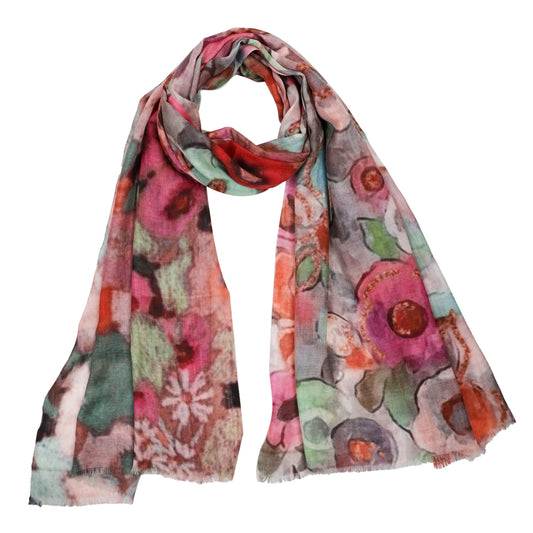 Painterly Garden Mosaic Fine Merino Scarf – Artistic Floral Print