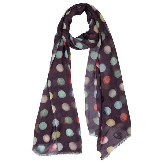 Midnight Polka Charm Scarf – Modal Silk Wrap | Multicolor Dot Print on Deep Brown