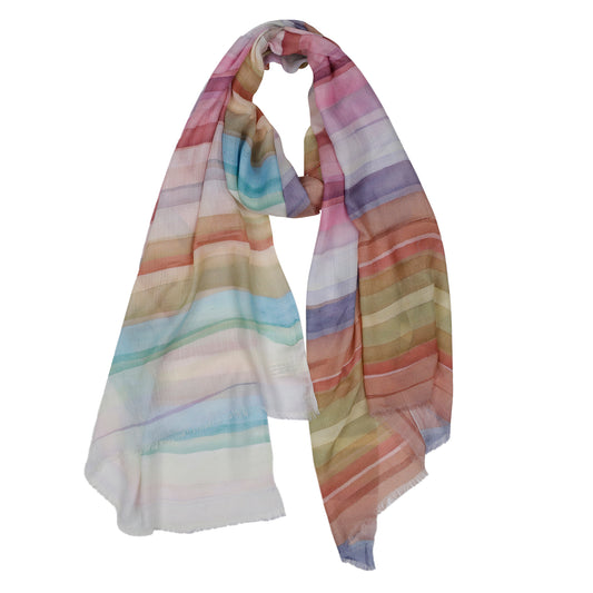 Pastel Horizon Scarf – Modal Silk Wrap | Soft Watercolor Stripe Print