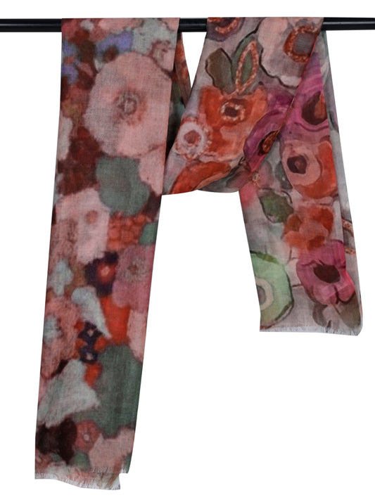Painterly Garden Mosaic Merino Silk Scarf – Artistic Floral Print