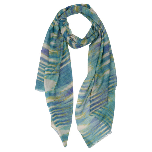 Ocean Mirage Abstract Scarf – Merino Wool Silk Designer Wrap | Blue & Teal Geometric Ikat Print