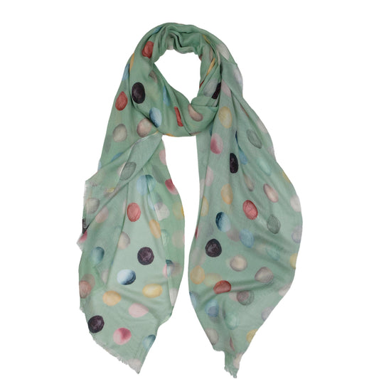 Midnight Polka Charm Scarf – Modal Silk Wrap | Multicolor Dot Print on Mint Green